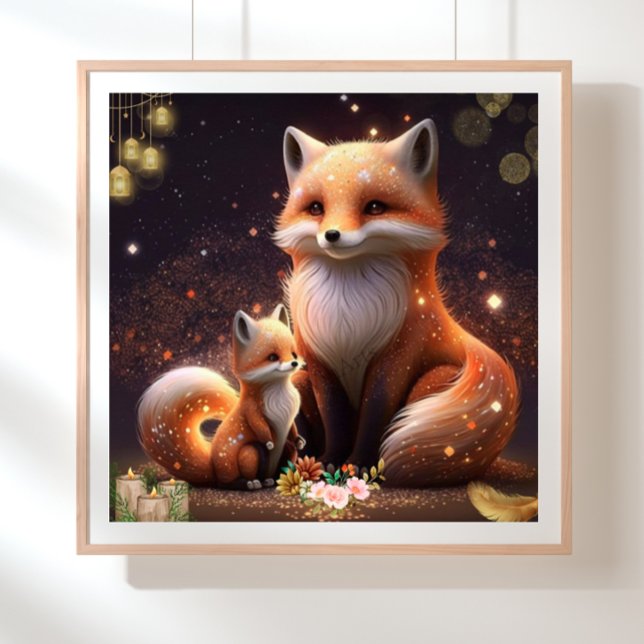 Cute Orange Fox Mom & Baby Art Nursery Poster (Creator Uploaded)
