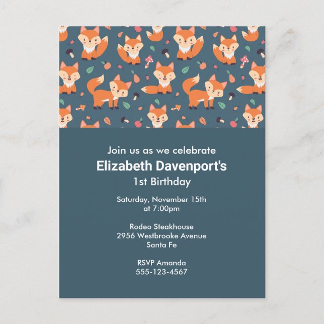 Cute Orange Fox Pattern Birthday Invitation Postcard (Front)