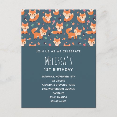 Cute Orange Fox Pattern Birthday Invitation Postcard