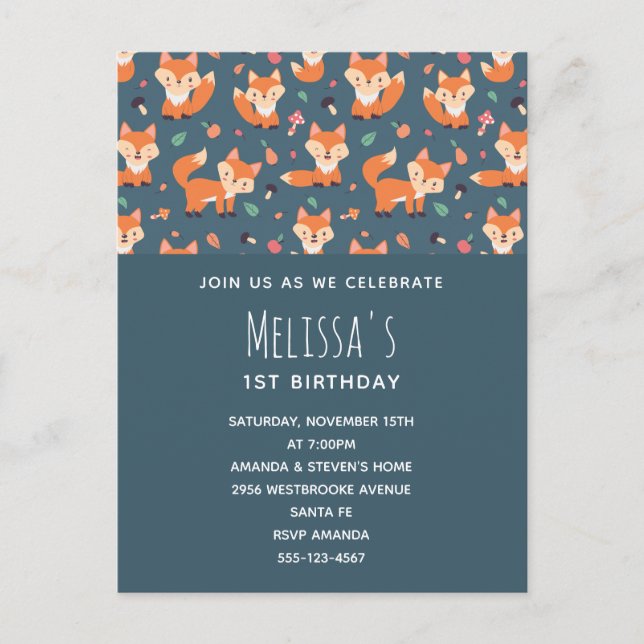 Cute Orange Fox Pattern Birthday Invitation Postcard (Front)