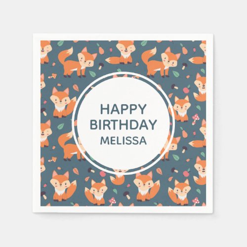 Cute Orange Fox Pattern Happy Birthday Napkins