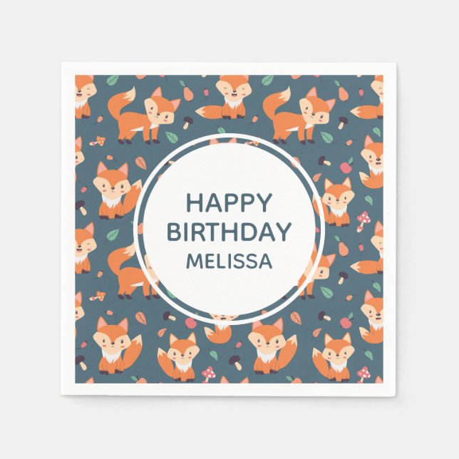 Cute Orange Fox Pattern Happy Birthday Napkins (Front)