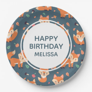 Cute Orange Fox Pattern Happy Birthday Paper Plates