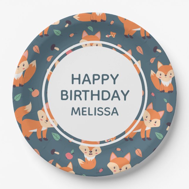 Cute Orange Fox Pattern Happy Birthday Paper Plates (Front)