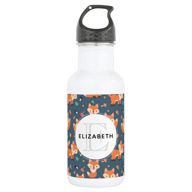 Cute Orange Fox Pattern Illustration with Monogram Stainless Steel Water Bottle (Front)