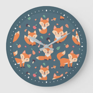 Cute Orange Fox Pattern Large Clock