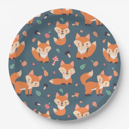 Cute Orange Fox Pattern Paper Plates