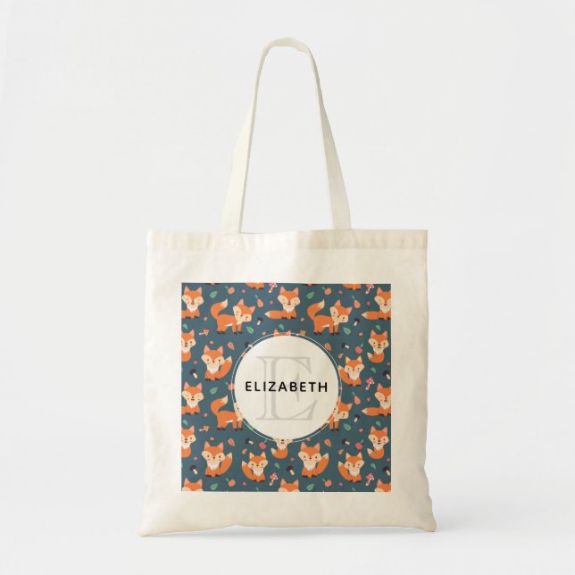 Cute Orange Fox Pattern with Monogram Tote Bag (Front)
