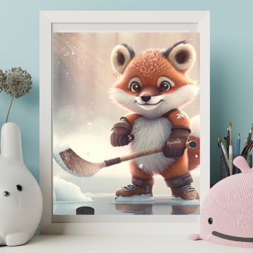 Cute Orange Fox playing ice hockey Art Nursery Poster