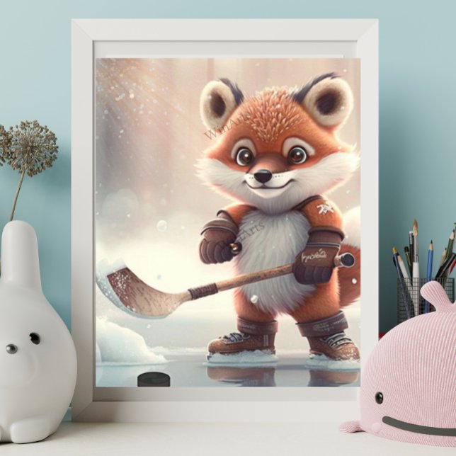 Cute Orange Fox playing ice hockey Art Nursery Poster (Creator Uploaded)