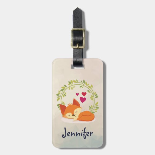 Cute Orange Fox Red Hearts and a Green Wreath Luggage Tag