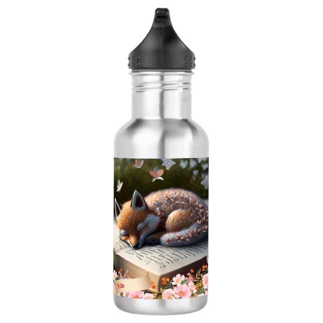 Cute Orange Fox sleeping on book personalized  Stainless Steel Water Bottle (Right)