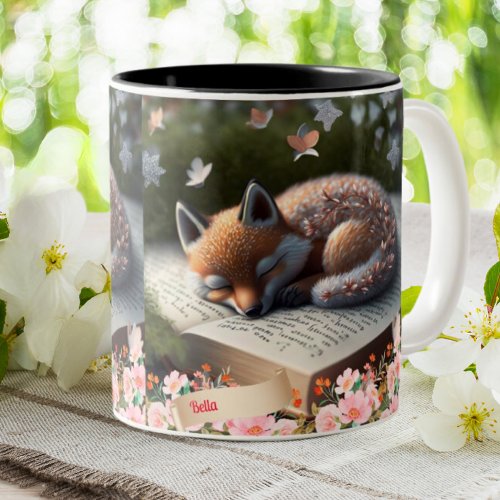Cute Orange Fox sleeping on book personalized  Two_Tone Coffee Mug