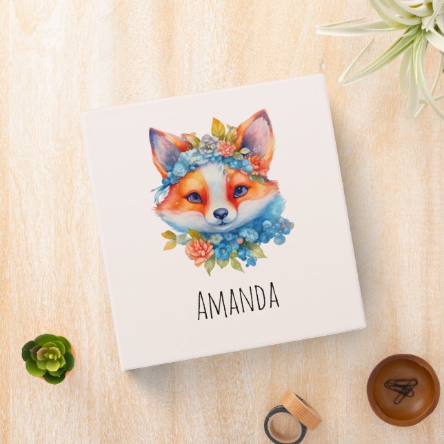 Cute Orange Fox with Floral Crown 3 Ring Binder (In Situ)