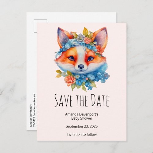 Cute Orange Fox with Floral Crown Announcement Postcard