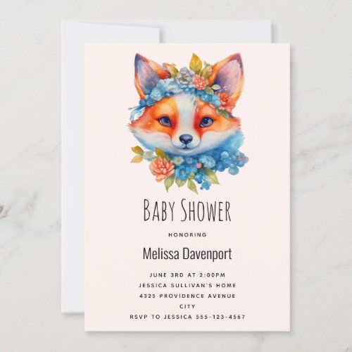 Cute Orange Fox with Floral Crown Baby Shower Invitation