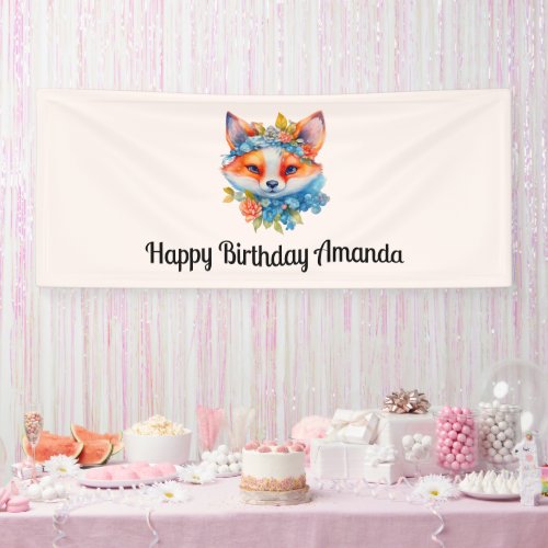 Cute Orange Fox with Floral Crown Birthday Banner