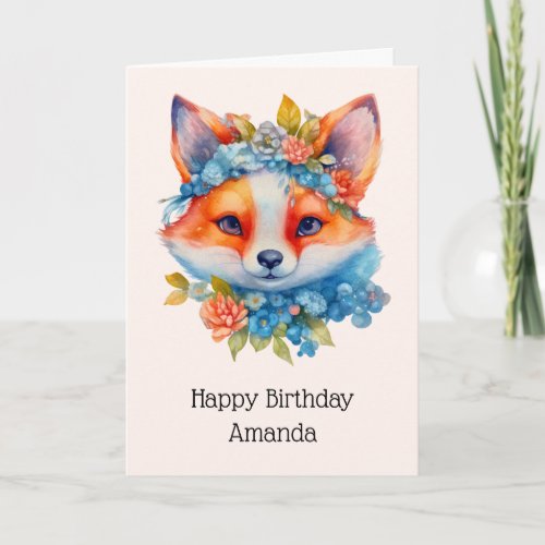 Cute Orange Fox with Floral Crown Birthday Card