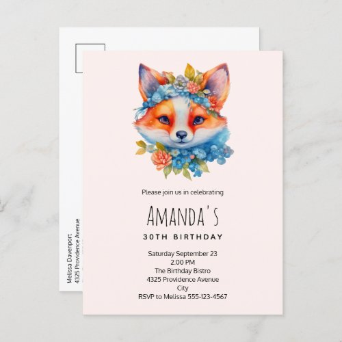 Cute Orange Fox with Floral Crown Birthday Invitation Postcard