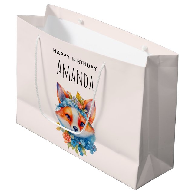 Cute Orange Fox with Floral Crown Birthday Large Gift Bag (Front Angled)
