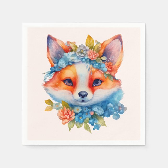 Cute Orange Fox with Floral Crown Birthday Napkins (Front)