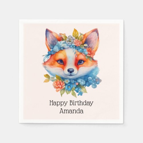 Cute Orange Fox with Floral Crown Birthday Napkins