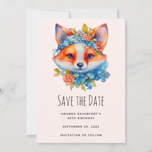 Cute Orange Fox with Floral Crown Birthday Save The Date