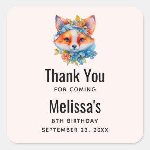 Cute Orange Fox with Floral Crown Birthday Square Sticker