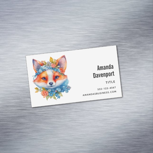 Cute Orange Fox with Floral Crown Business Card Magnet (In Situ)