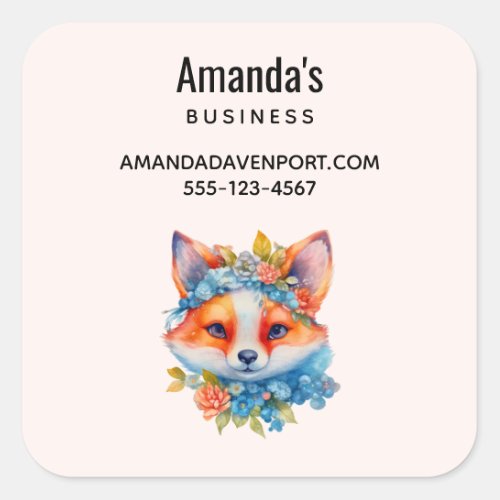 Cute Orange Fox with Floral Crown Business Square Sticker