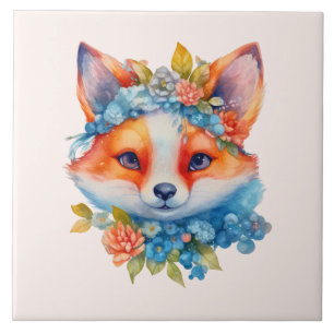 Cute Orange Fox with Floral Crown Ceramic Tile