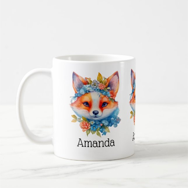 Cute Orange Fox with Floral Crown Coffee Mug (Left)