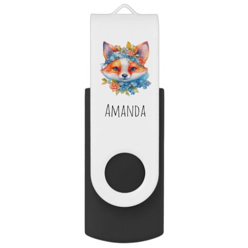 Cute Orange Fox with Floral Crown Flash Drive