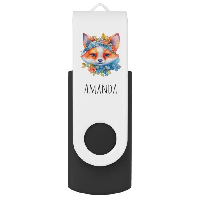 Cute Orange Fox with Floral Crown Flash Drive (Front Vertical)