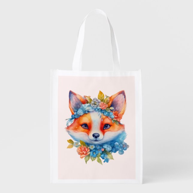 Cute Orange Fox with Floral Crown Grocery Bag (Front)