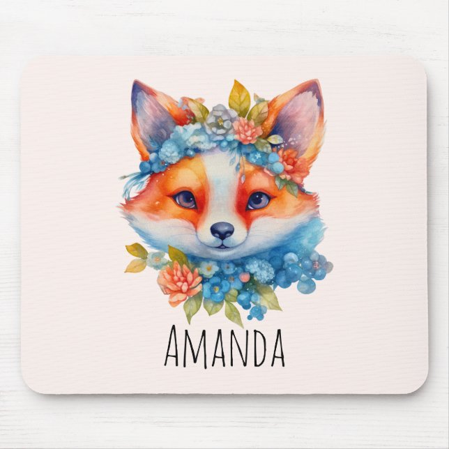 Cute Orange Fox with Floral Crown Mouse Pad (Front)