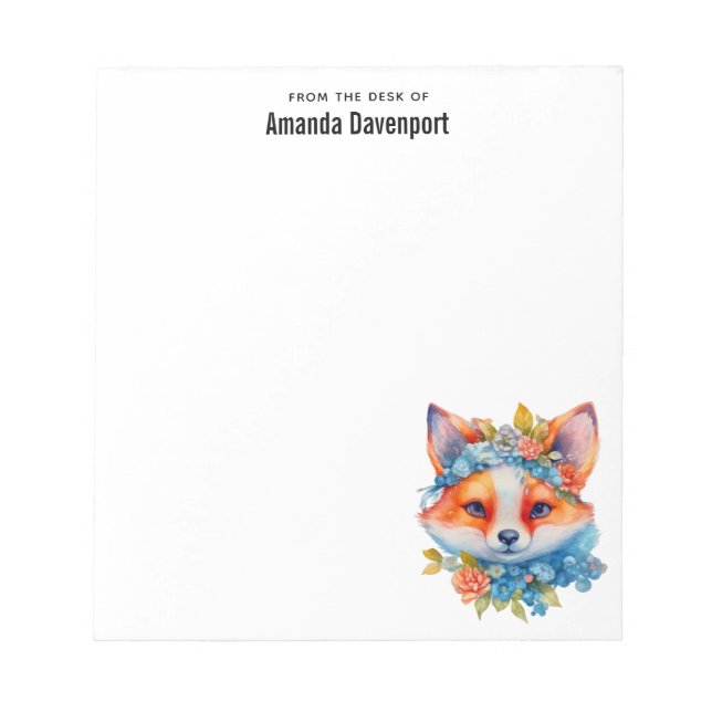 Cute Orange Fox with Floral Crown Notepad (Front)
