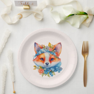 Cute Orange Fox with Floral Crown Paper Plates