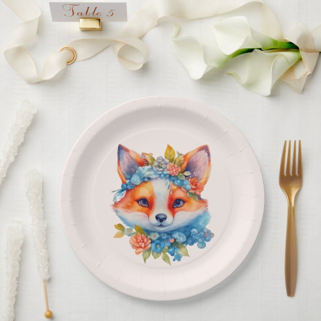 Cute Orange Fox with Floral Crown Paper Plates (Wedding)