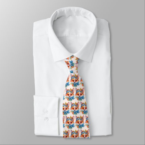 Cute Orange Fox with Floral Crown Pattern Neck Tie