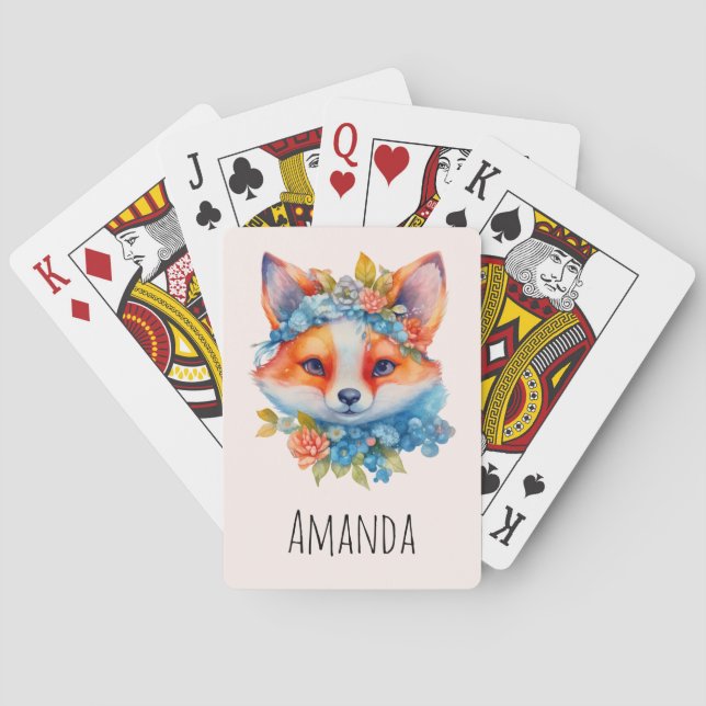 Cute Orange Fox with Floral Crown Poker Cards (Back)