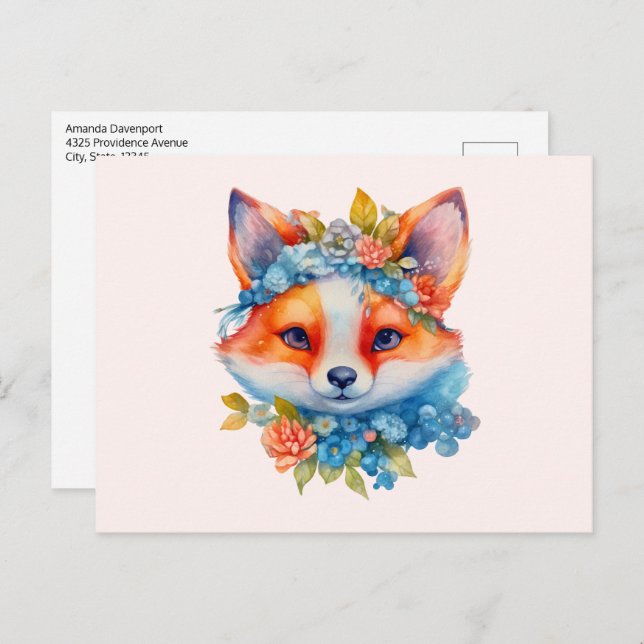 Cute Orange Fox with Floral Crown Postcard (Front/Back)