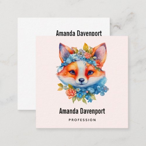 Cute Orange Fox with Floral Crown Square Business Card