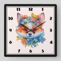 Cute Orange Fox with Floral Crown Square Wall Clock