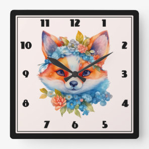 Cute Orange Fox with Floral Crown Square Wall Clock