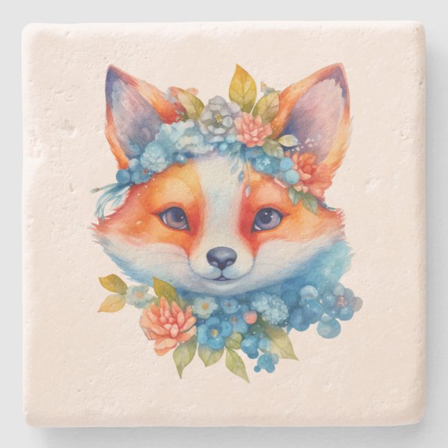 Cute Orange Fox with Floral Crown Stone Coaster (Front)