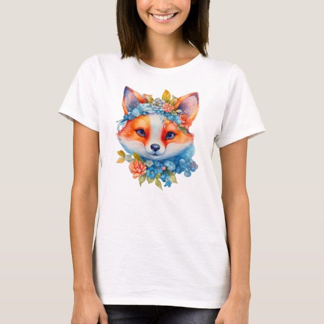 Cute Orange Fox with Floral Crown T-Shirt (Front)