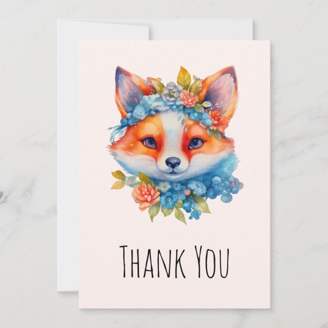 Cute Orange Fox with Floral Crown Thank You Card (Front)