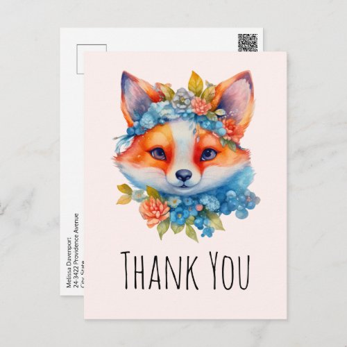 Cute Orange Fox with Floral Crown Thank You Postcard