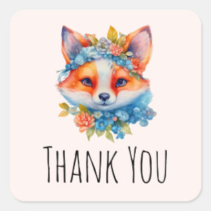 Cute Orange Fox with Floral Crown Thank You Square Sticker